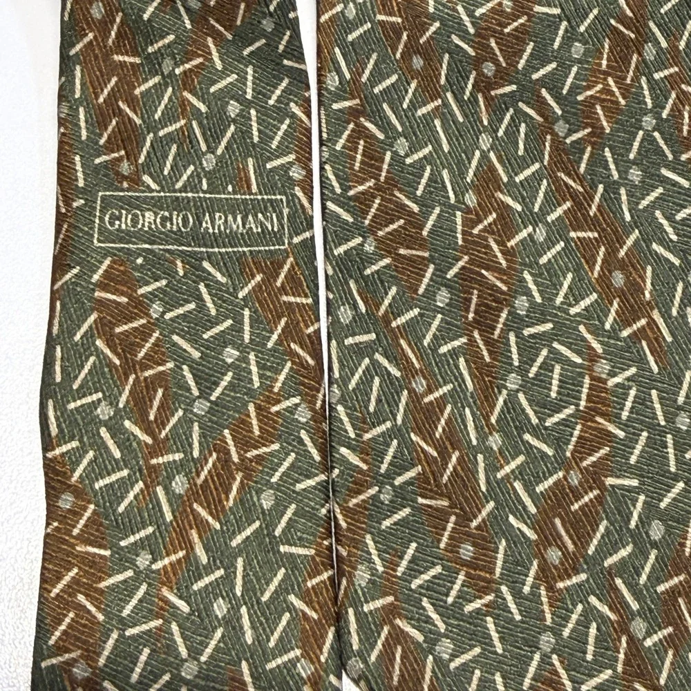 Giorgio Armani Cravatte Silk Tie Olive Green Brown Geometric Abstract Made Italy